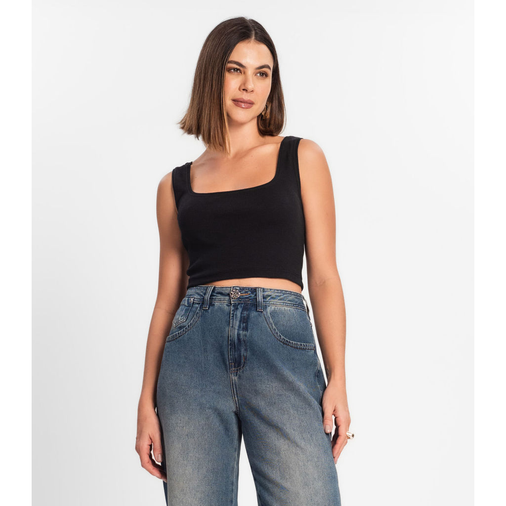 Top Cropped Ribana Básico Rovitex Preto