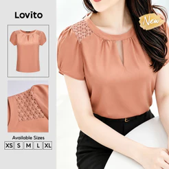 (New Arrival) Lovito Blusa Rosa Feminina Manga Curta Gola Redonda trançada Vazada Contrastante Trabalho primavera/verão BLK10P1D1071