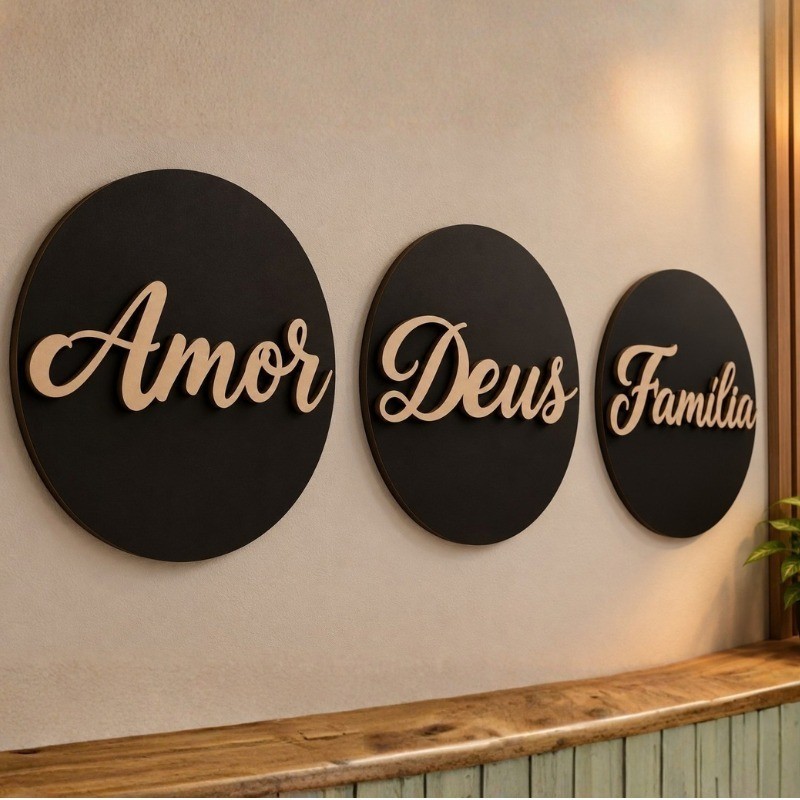 Kit Placas Decorativas Redondas MDF Preto Frases Em Relevo Mdf Amor Deus Família
