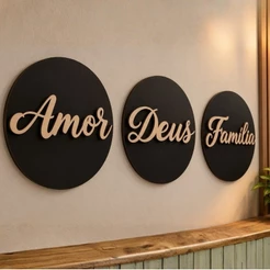 Kit Placas Decorativas Redondas MDF Preto Frases Em Relevo Mdf Amor Deus Família