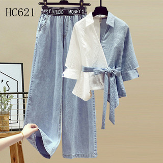 Conjunto de roupa feminina plus size, camisa nova de cintura alta com listras e costuras, jeans de duas peças BU697