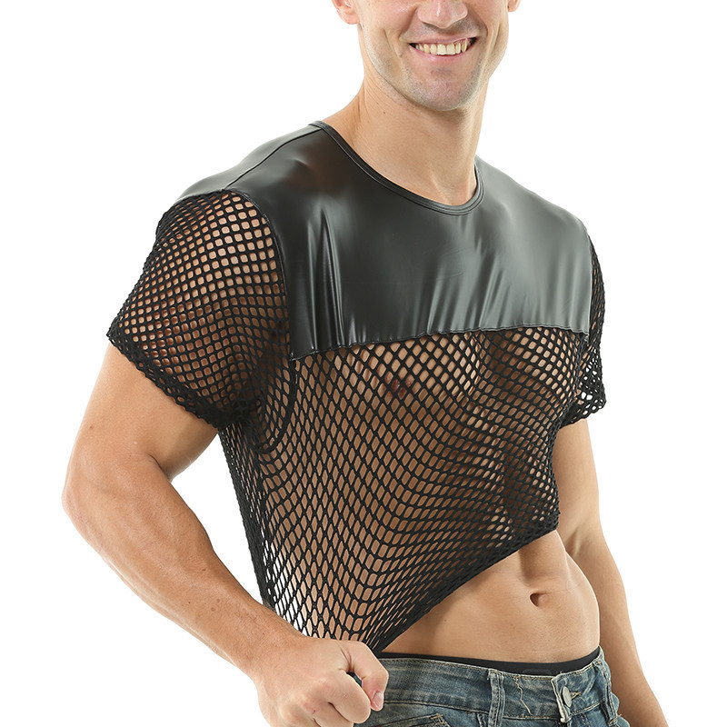 Camiseta de malha para homem, camiseta com detalhes em couro sintético, top curto de malha respirável, ideal para o uso 