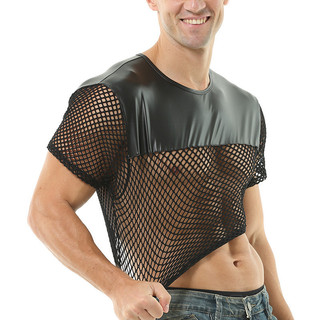 Camiseta de malha para homem, camiseta com detalhes em couro sintético, top curto de malha respirável, ideal para o uso 