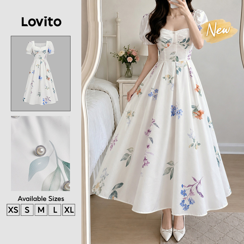 (New Arrival) Lovito Vestido Feminino Boho Floral Zíper Plissado Longo Evasê Prim/Verão Casual Fim De Semana/Férias DRK10BR141