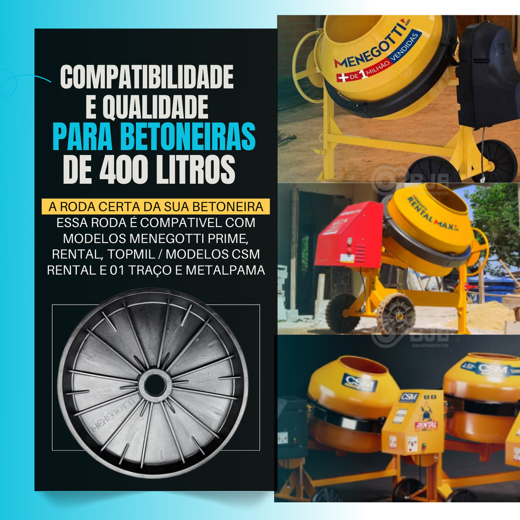 Roda Betoneira Plástica Da Menegotti 250 Ou 400 Litros Com Furo 4.3CM e Diametro 37CM — imagem 2 de 2