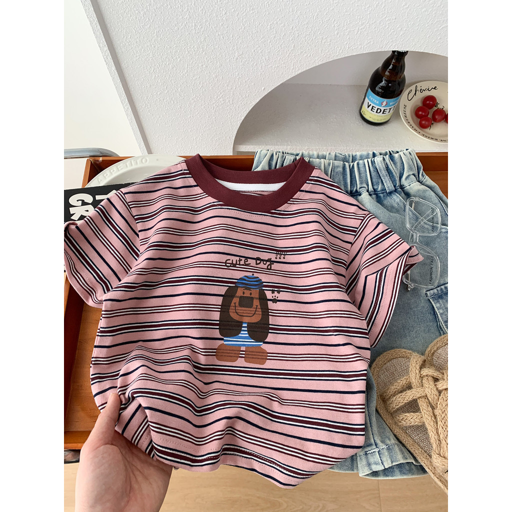 Meninos listrado camiseta de manga curta 2026 novo estilo crianças verão versão coreana moda em torno do pescoço bebê do