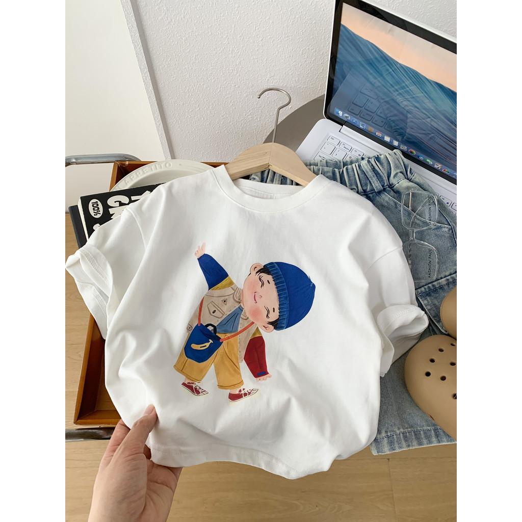 Meninos verão puro algodão de manga curta camiseta 2026 novo estilo crianças dos desenhos animados em torno do pescoço f