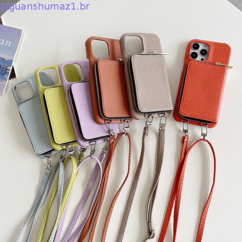 Capa De Couro Carteira Com Zíper Para iPhone 15 14 Plus 13 12 Mini 16 Pro Max Slot Cartão Crossbody Ombro Cordão Caso D