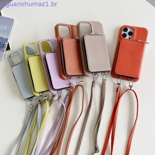 Capa De Couro Carteira Com Zíper Para iPhone 15 14 Plus 13 12 Mini 16 Pro Max Slot Cartão Crossbody Ombro Cordão Caso D