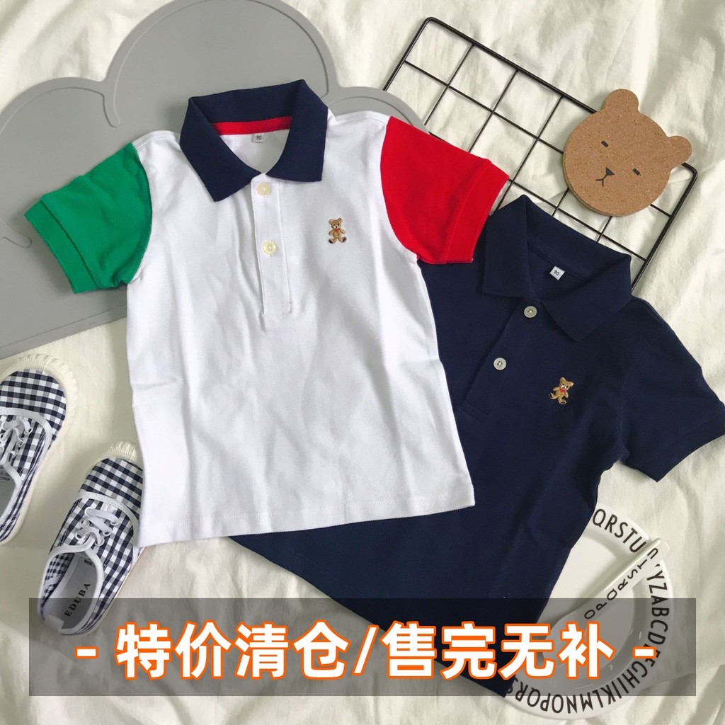 Meninos polo camiseta verão crianças lapela manga curta camiseta bordado urso dourado camisa polo puro algodão malha alg