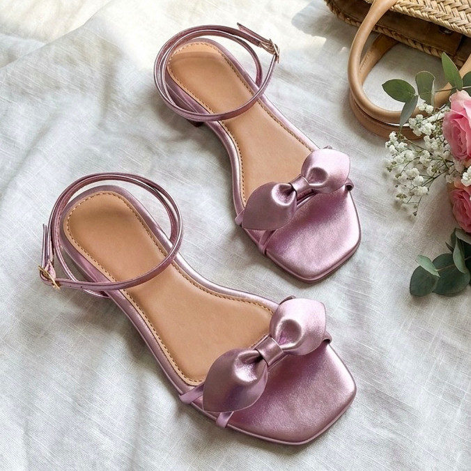 Rasteirinha Feminina Flat Laço Metálico Tira Fina Bico Quadrado Fivela Casual Festa Verão Confortável