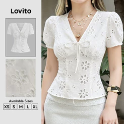 Lovito Blusa Boho com Bordado em Ilhós e Amarração Frontal Branca Offwhite para primavera/verão BLB202P2D067