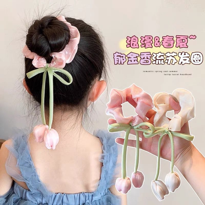 Meninas pai-filho primavera respiração Shimmer tulipa arco Scrunchy anel de cabelo doce estilo ocidental flor borla anel