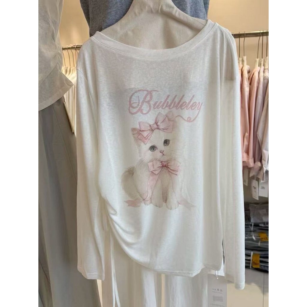 2026 primavera verão versão coreana solto dos desenhos animados impresso gato de manga comprida camiseta feminina de um 