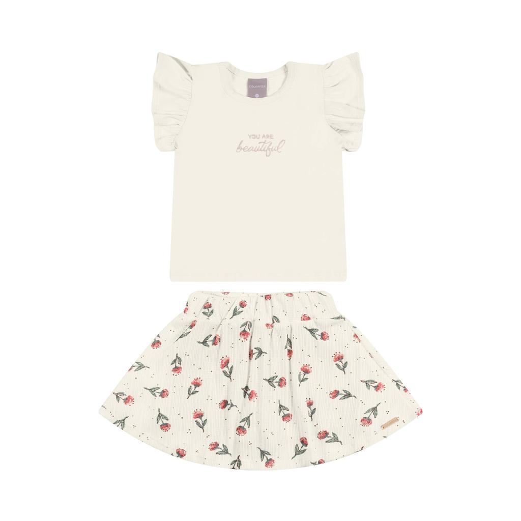 Conjunto Curto Infantil Menina Bordado Colorittá Bege — imagem 2 de 2