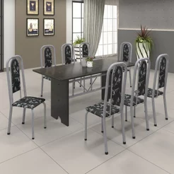 Conjunto de Mesa 180x75cm Tampo Ardósia com 8 Cadeiras Lavínea Preto/Martelado Pérola/Floral Martelado Pérola/Preto