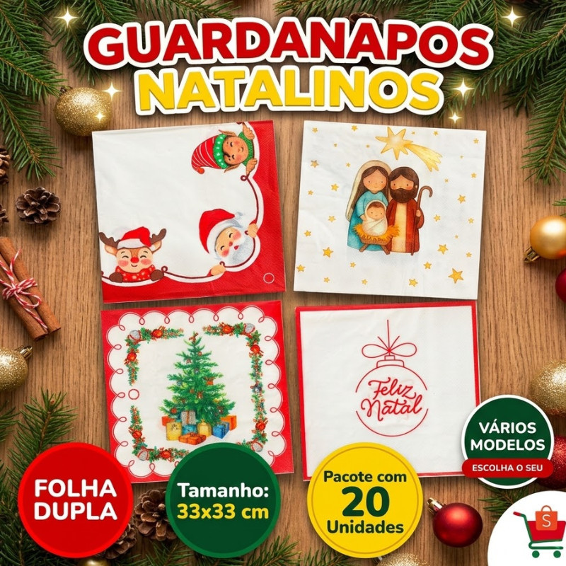 Guardanapo De Papel Natalino Folha Dupla 33x33cm Pacote Com 20 Unidades Decoração Mesa Posta Natal