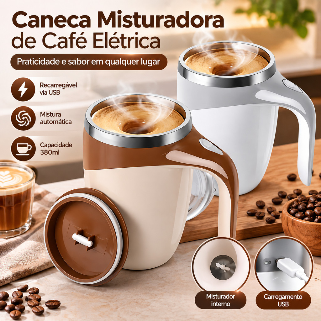 Kit 2 Caneca Misturadora Automática Elétrica USB Bateria Recarregável 380ml Para Café e Bebidas Casa Escritório