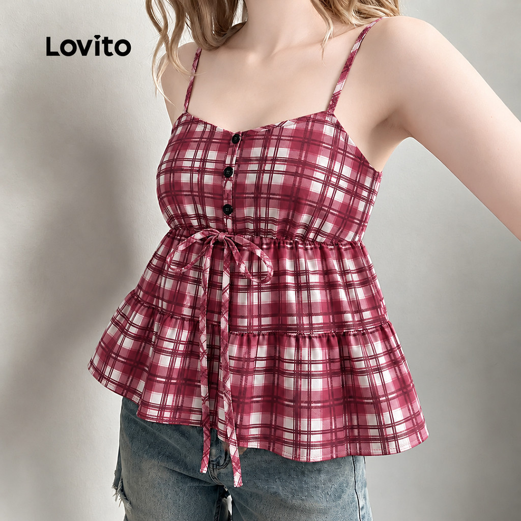 (New Arrival) Lovito Top Casual Feminino Xadrez Sem Mangas alças Finas amarração Frontal Estruturado primavera/verão TKK10P2D614 — imagem 2 de 2