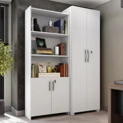 Kit Armários para Escritório Semi Aberto 2 Portas e Armário Alto com Chave Branco Branco