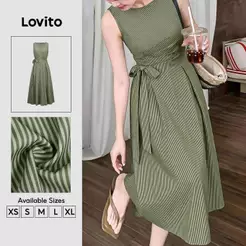 Lovito Vestido Feminino Elegante Verde Oliva Listrado Geométrico Modelo Longo A Primavera Verão Traje de Trabalho DRB201P1D769