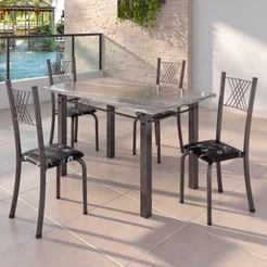 Conjunto Mesa com 4 Cadeiras Tampo de Granito Topázio Sara Yescasa Prata/Preto Floral/Martelado Preto Floral/Martelado