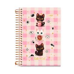 Caderno Colegial 15 Matérias 240 Folhas Cute Cat - CADERSIL Capa:Xadrez Rosa
