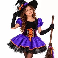 Fantasia Bruxinha Infantil de Luxo Com Corselet e Chapéu de Halloween
