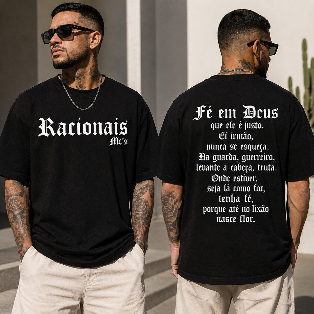 Camiseta Rap MC’s Masculina Preta Branca Oversized Streetwear 100% Algodão Fé em Deus Frente e Rap Hip Hop nacional