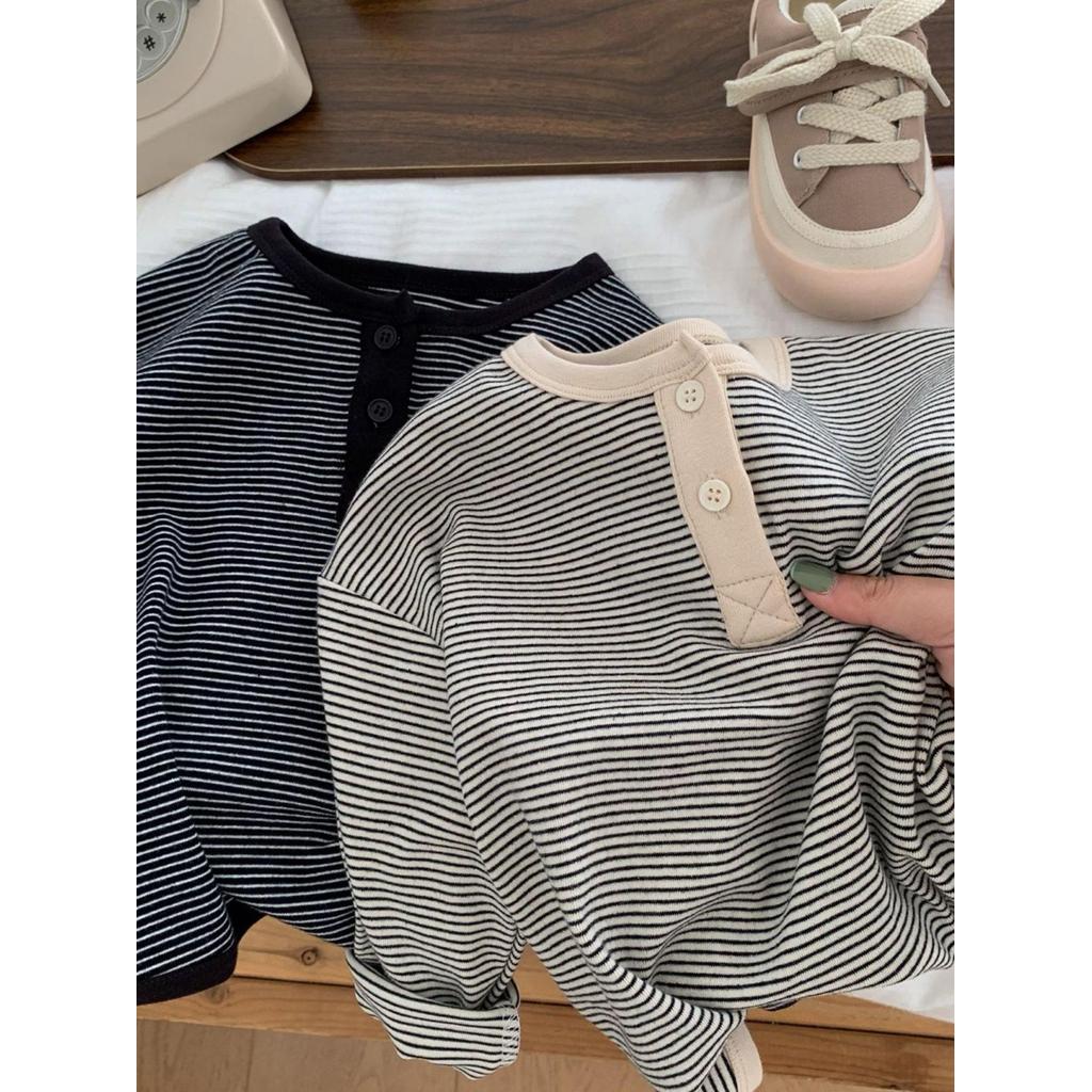 Versão coreana crianças de manga comprida listrado camiseta 2025 primavera novo estilo ins masculino feminino bebê moda 