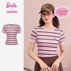 (New Arrival) Barbie™ X Lovito Camiseta Casual Com Estampa Em Bordado Rosa Primavera/verão Feminina TSBL6PAD002