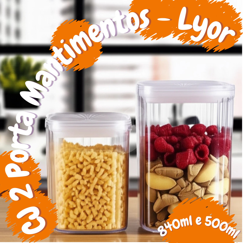 Kit 2 Potes Quadrados Transparentes com Tampa Hermética Porta Mantimentos Plástico 840ml e 500ml