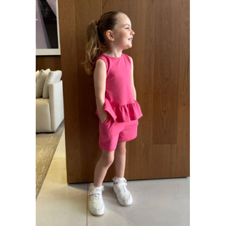 Conjunto Infantil Pink Peplum Laço Shorts Bolsos Funcionais em Oferta na Shopee