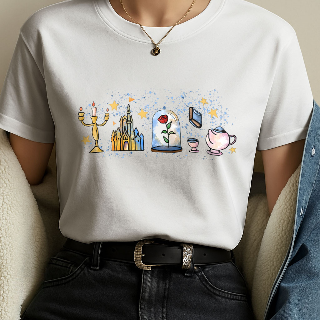 [Camiseta Premium em Algodão Puro]SISI Camiseta Estampada 100% Algodão com Ícones Encantados da Bela e a Fera