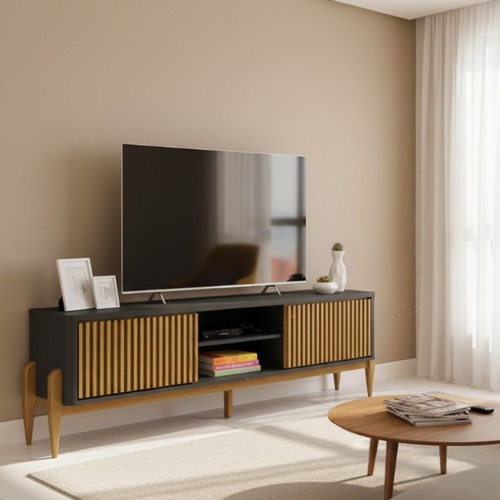 Rack Ripado para TV até 65 Polegadas MDF 180cm Pés em Madeira Maciça 2 Portas de Correr Sereno Preto/Cedro