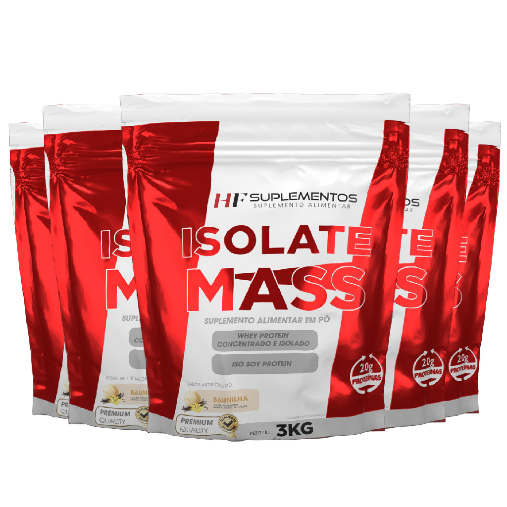 Kit 5 unidades Isolate Mass Hipercalórico Baunilha 3KG Em Pó HF Suplementos – Energia, Massa Magra e Desenvolvimento!