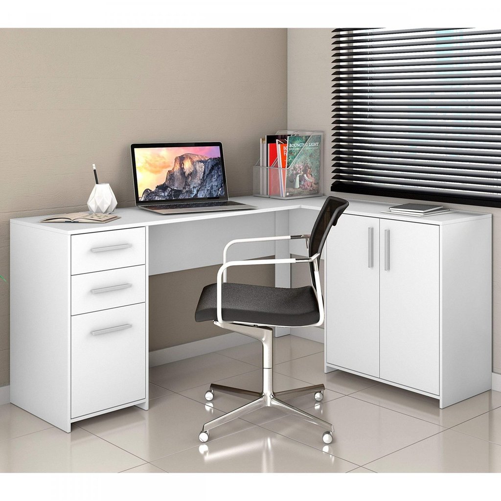 Escrivaninha Mesa Escritório em L 2 Gavetas 3 Portas Office Nt 2005 157cm Branco