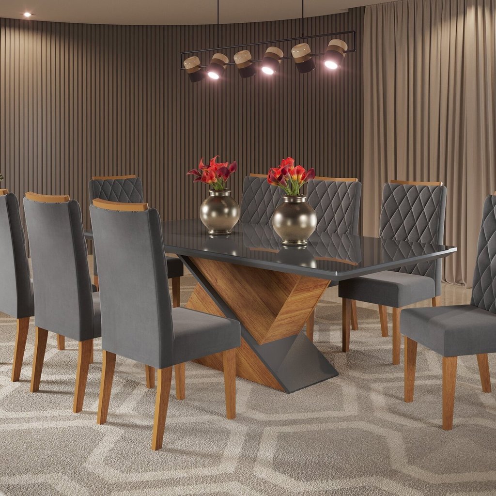 Mesa de Jantar Retangular 200x90 Noble com 8 Cadeiras Iza Mel/Grafite em Oferta na Shopee