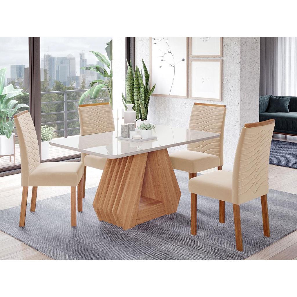 Conjunto de Mesa de Jantar Tampo de Vidro Off White Agata 1,30 e 4 Cadeiras Clarice Nature/Off White/Madeira/Nude