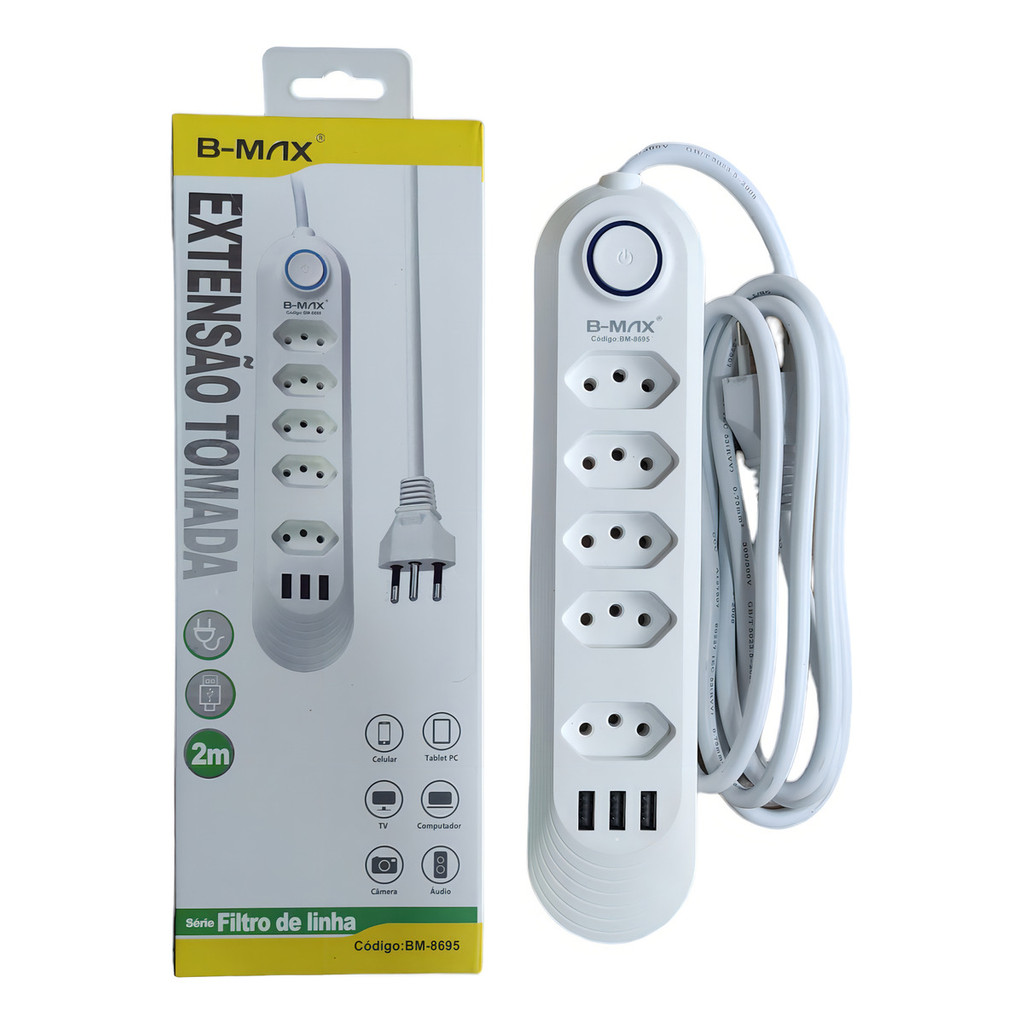 Extensão Elétrica B-Max BM-8695 5 Tomadas E 3 Usb Filtro De Linha Régua 2m Cor Branco bm-8695a