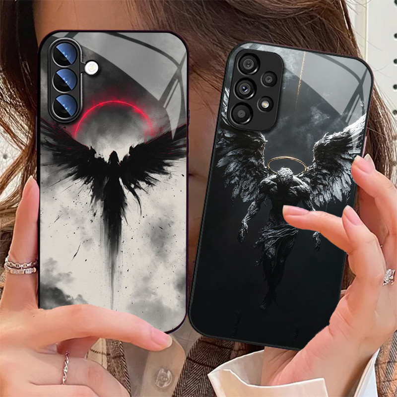 Preto Anjo Morte Demônio Vidro Caso De Telefone Para Samsung Galaxy S25 S24 Ultra S23 Fe S22 Plus S21 S20 S10 S9 Capa