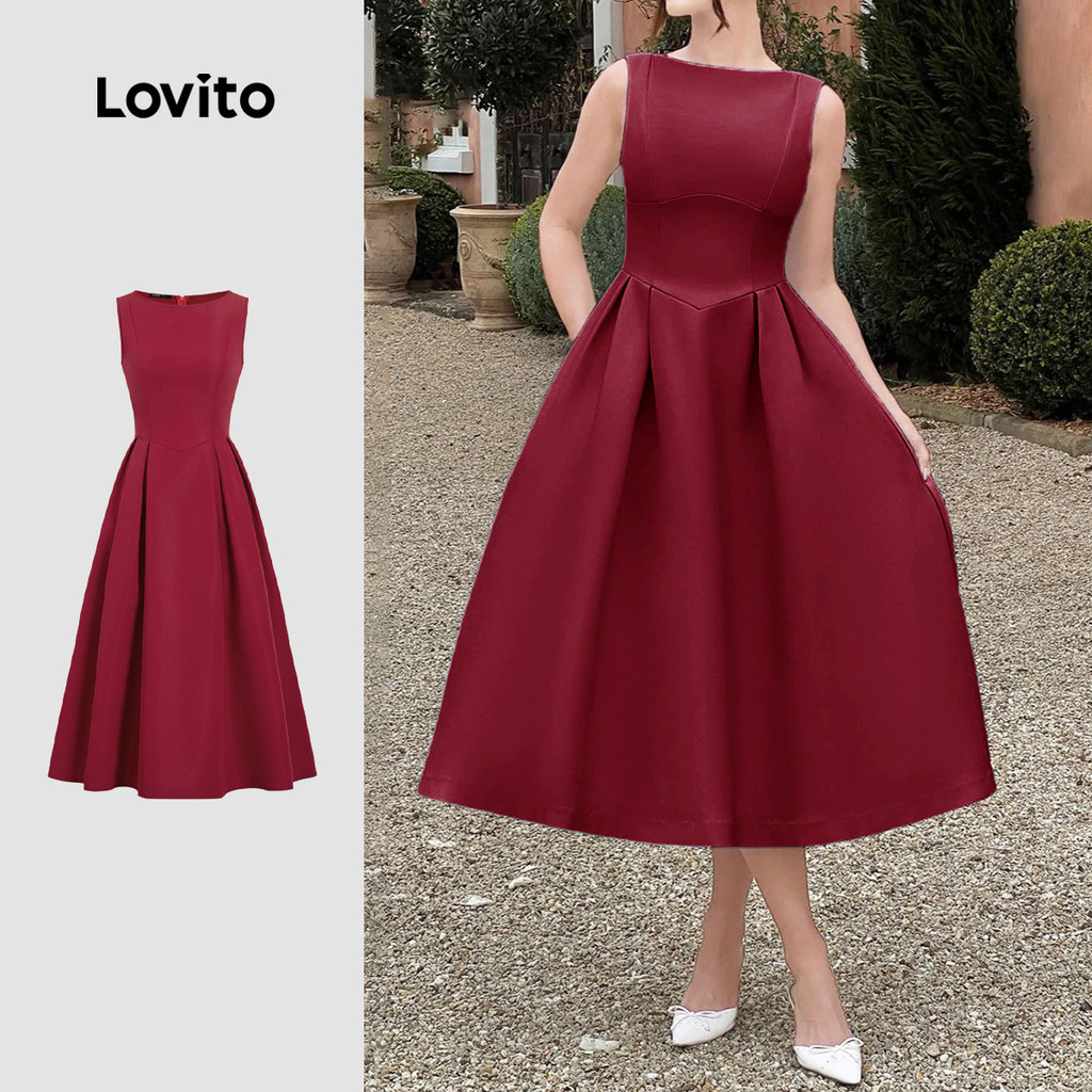 Lovito Vestido De Festa Elegante Com Pregas Zíper E Estrutura Na Cor Vinho Para Mulheres Primavera/verão L155AD273 em Oferta na Shopee