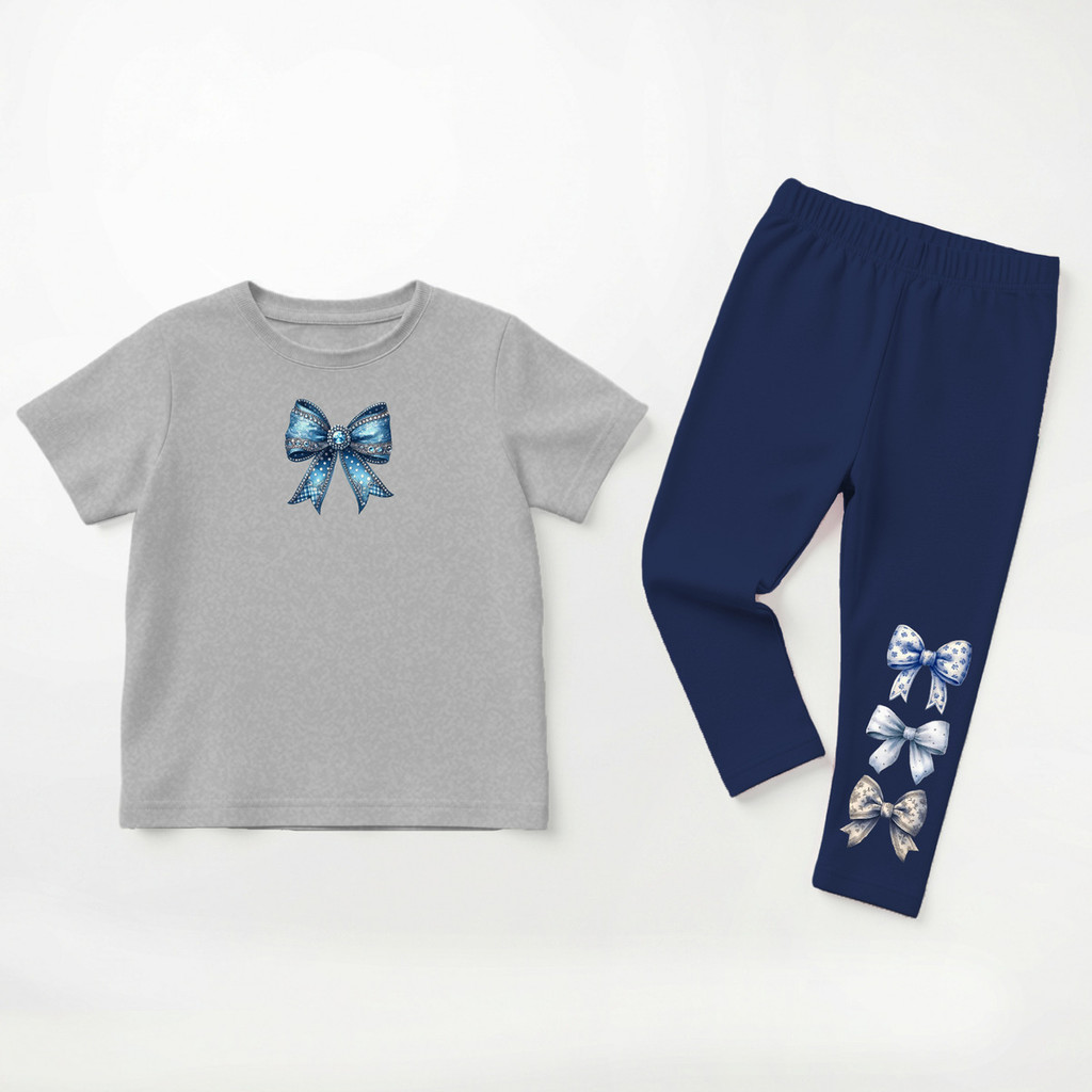 Conjunto Camiseta Blusa E Calça Legging Infantil Laço Azul