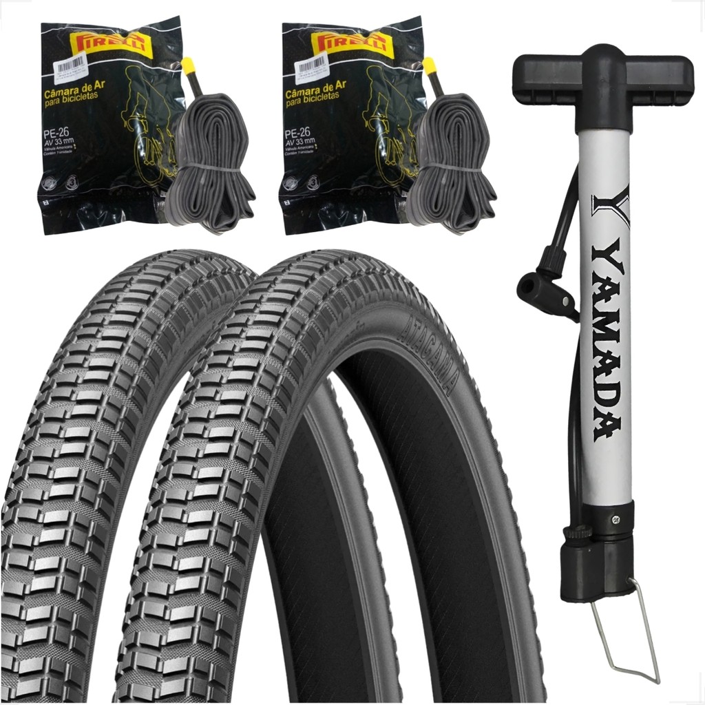 PAR Pneu Levorin Atacama Aro 26 x 1.95 + PAR Camara Pirelli bico grosso + Bombinha Bicicleta Bike
