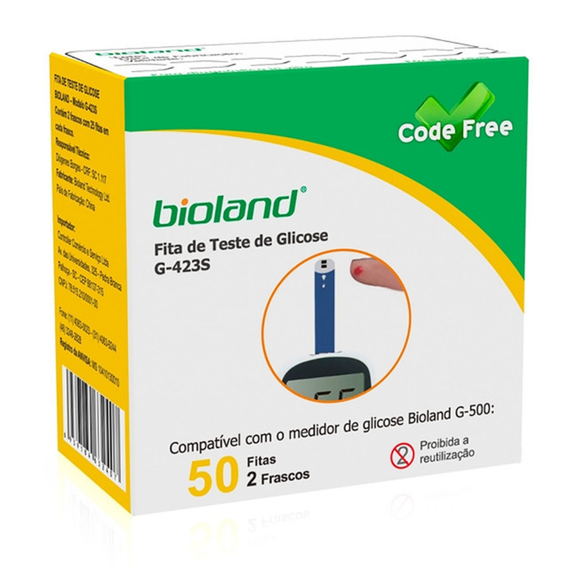 Fita teste reagente p/ monitor de glicose e glicosímetro G500 BIOLAND - caixa c/ 50 unidades de tiras
