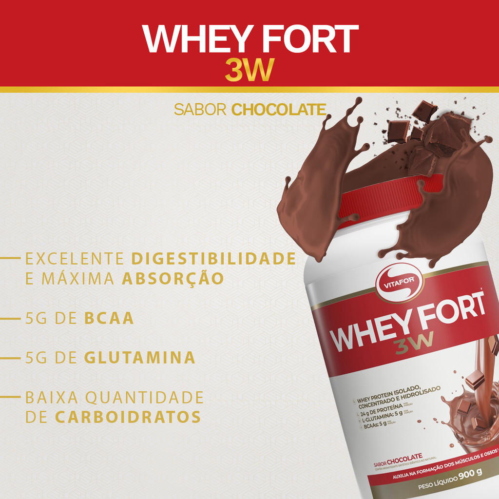 Detalhes do Whey Fort 3W - Whey Protein Chocolate 900g - Vitafor