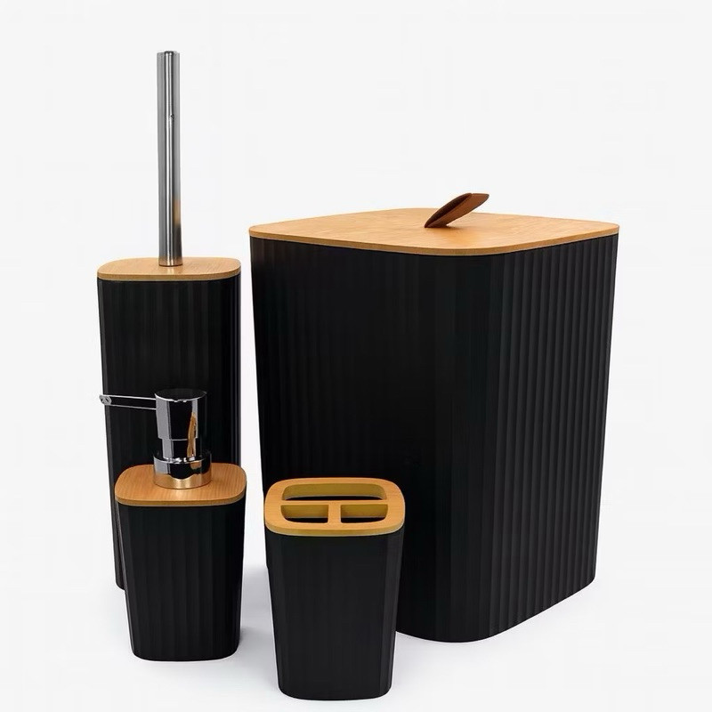 Kit Banheiro 4 Peças Quadrado Tampa Bambu Lixeira Porta Escova Dispenser de Sabonete Liquido Escova