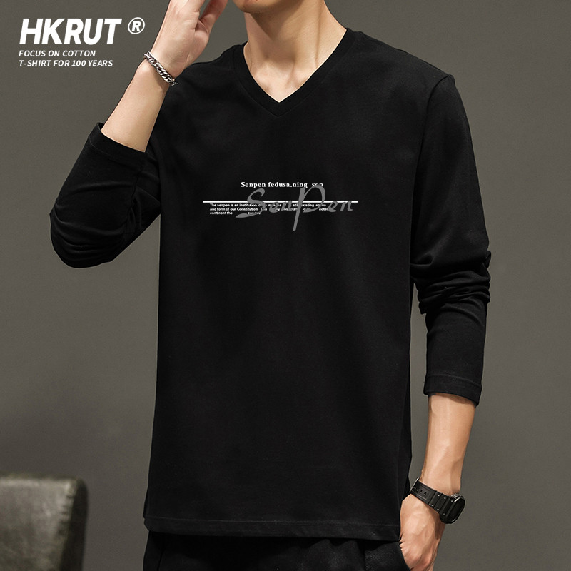 Primavera masculina de manga comprida camiseta masculina com decote em V interior branco puro algodão camiseta magro-aju