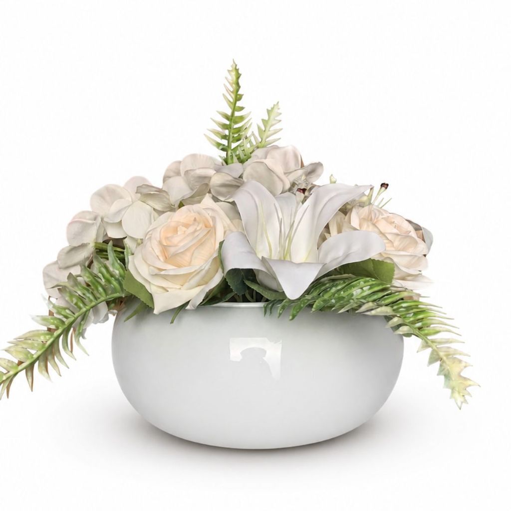 Arranjo Vaso Branco Buquê Lírio com Rosa Artificial Casa