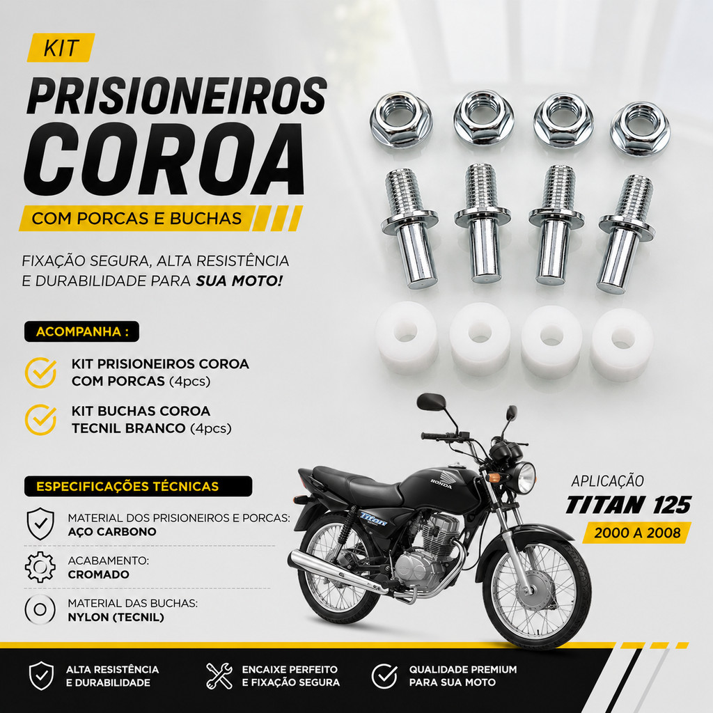 Kit Prisioneiro + Porca + Bucha Coroa CG Titan Fan 125 ano 2000 a 2008 · foto 2